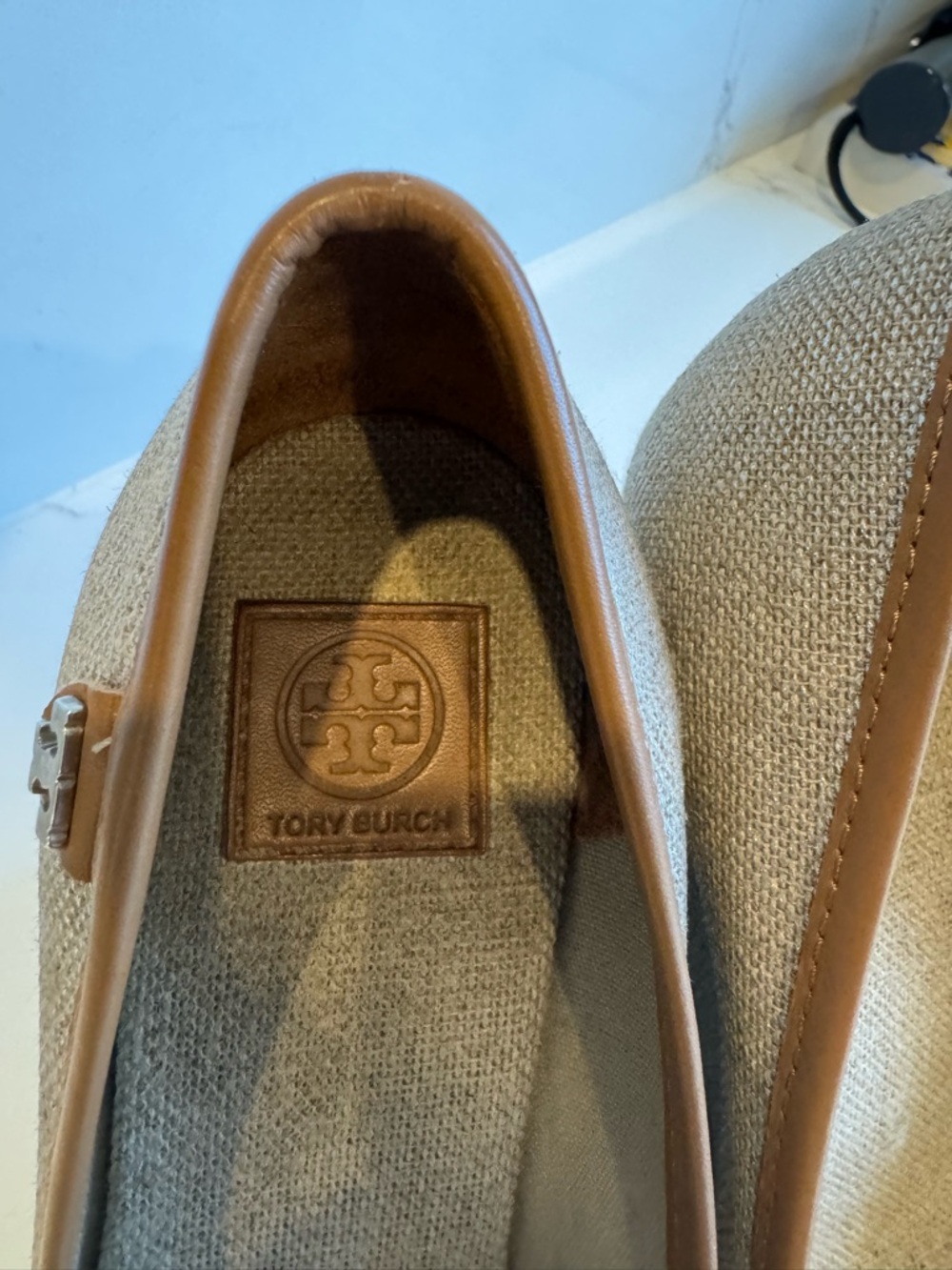 Tory Burch Natural Canvas Espadrille Wedge with Tan Trim- Size 6 - Picture 3 of 6